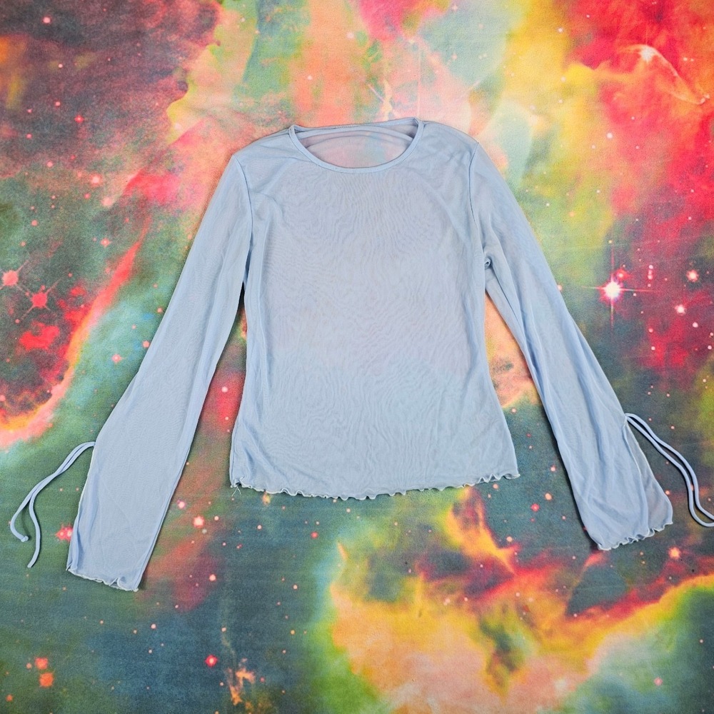 Blue Mesh Top Long Sleeve Tie Cuff Lettuce Hem See Through Layering